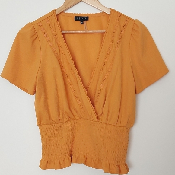 1. State Faux Wrap Top with Smocked Waist and Lace Detail Size Medium - Picture 2 of 7